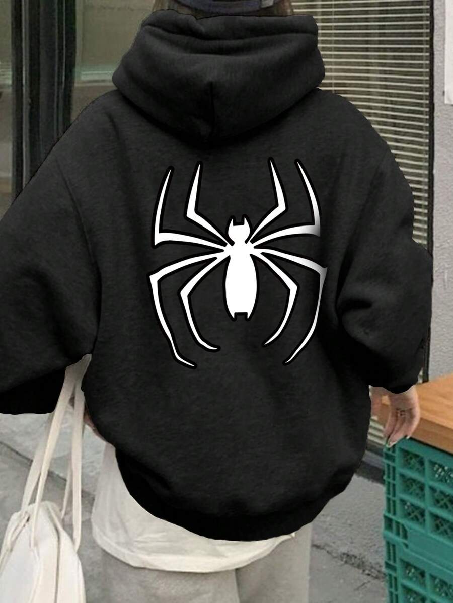 250g Hoodie/1pcs Hoodie/100% Polyester, Spider Print Hoodie With Pockets, Women's Casual Long Sleeve Drawstring, Autumn And Winter - Black - View 1