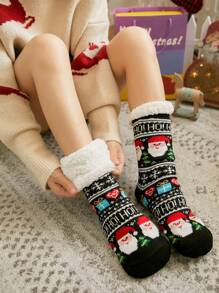 1 双女士圣诞袜，及膝黑色卡通地毯袜，加厚加绒加厚睡眠袜，家居服地板袜，适合圣诞节 - 黑色 - 查看 1