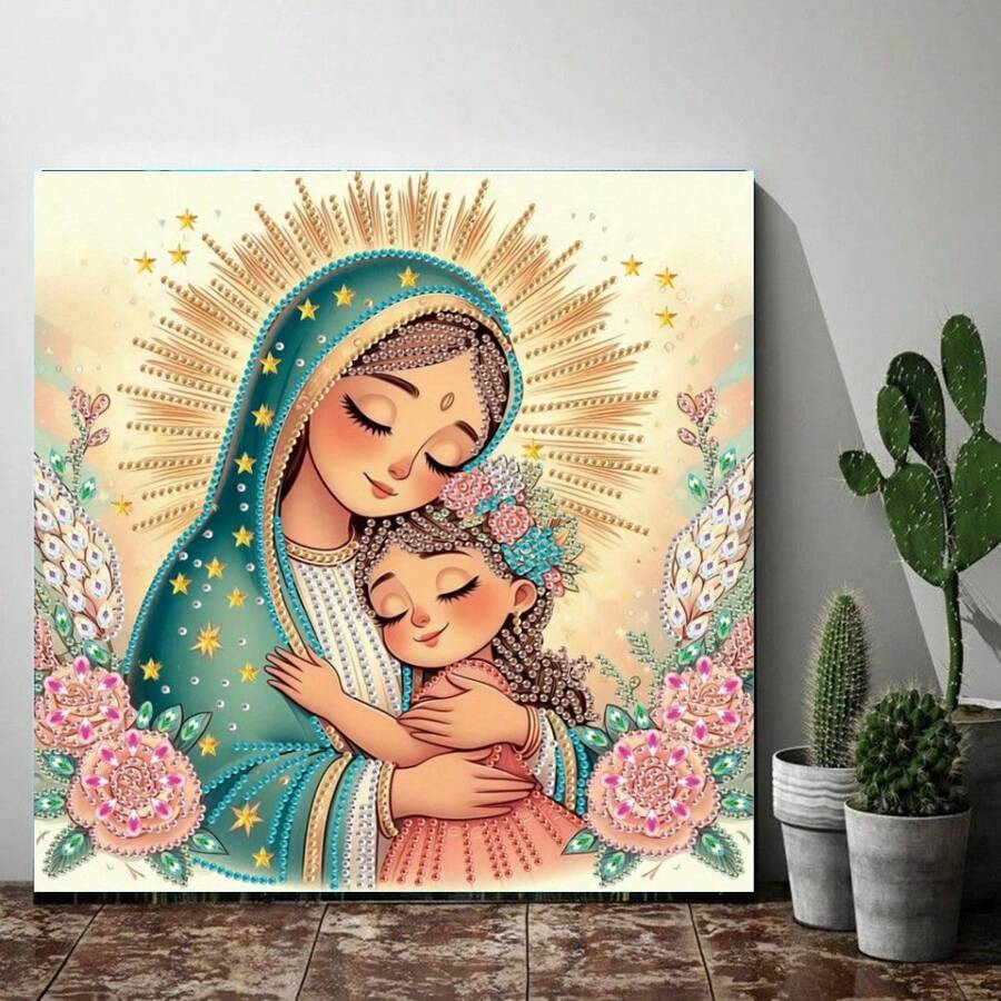 Bộ tranh đính đá DIY Cô gái ôm mẹ Bộ tranh thêu kim cương Bộ tranh thêu chữ thập đính đá Rhinestones Trang trí tường nhà Bộ đồ thủ công Quà tặng - Nhiều màu - Xem 1