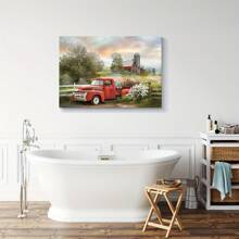 1pc Rustic Farmhouse Wall Art Red Old Truck Barn Canvas Misty Countryside Field Landscape Painting Prints Framed And Ready To Hang Ideal For Bedroom Living Room Office Decor - 彩色 - 查看 5
