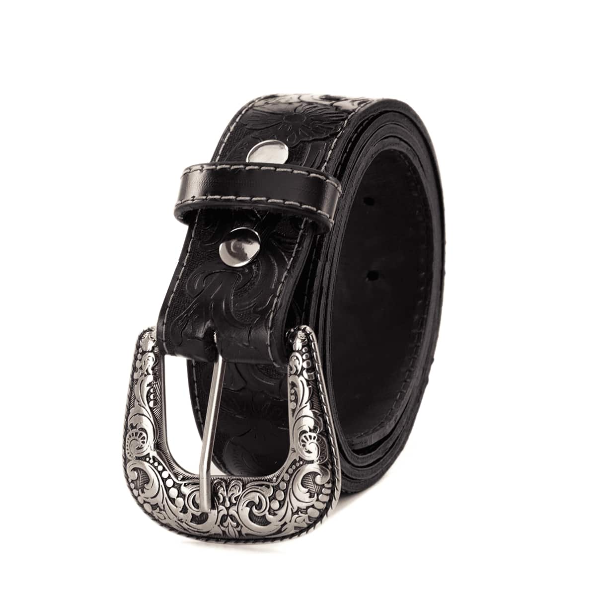 Women's Country Floral Leather Belt With Removable Buckle Floral Print Carved - 黑色 - 查看 1