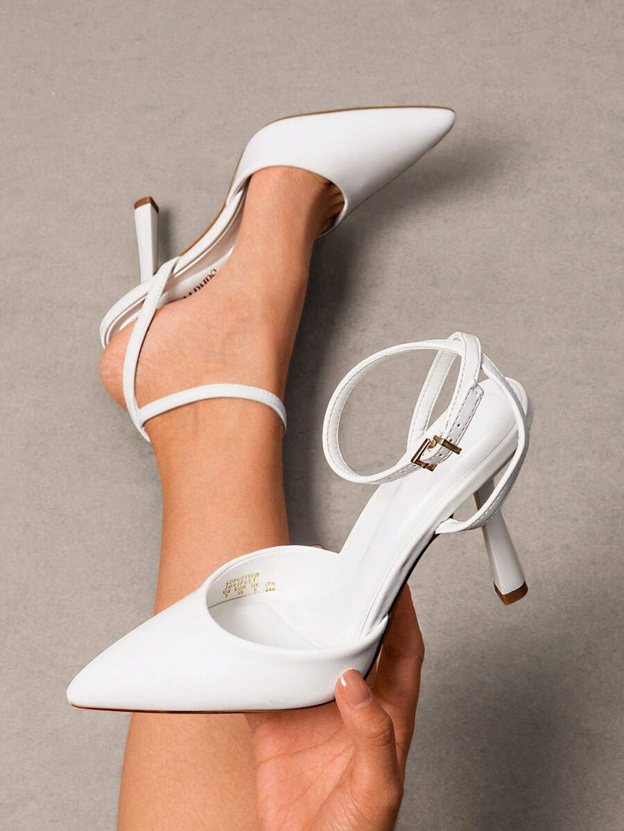 Women's Ankle Strap Stiletto Heel Pumps Closed Pointed Toe High Heels Fashionable Sexy Party Prom Wedding Dress Shoes - trắng - Xem 1