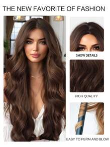 咖啡棕色 28 英寸长卷发合成假发，带刘海，女士耐热自然中分角色扮演派对洛丽塔婚礼假发万圣节