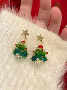 1 Pasang Anting Gantung Pohon Natal Kristal & Anyaman, Dekorasi Pesta Liburan yang Berkilau - Hijau - View 4