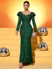 UNITHORSE 闪亮亮片 V 领长袖收腰紧身深绿色亮片礼服，优雅晚礼服，适合婚礼嘉宾、毕业典礼、晚宴 - 墨綠色 - 查看 2