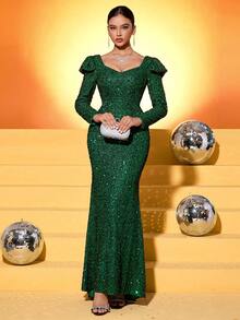 UNITHORSE 闪亮亮片 V 领长袖收腰紧身深绿色亮片礼服，优雅晚礼服，适合婚礼嘉宾、毕业典礼、晚宴 - 墨綠色 - 查看 6