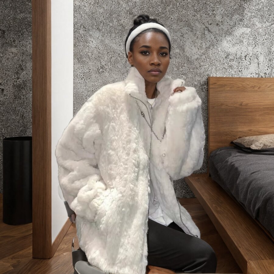 Front Zipper Double-Sided Wool Autumn And Winter Plush Jacket - White - View 1