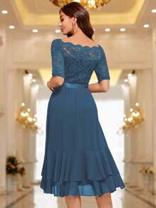 MIUSOL Vestido de cóctel y fiesta de corte evasé con cuello de barco, con paneles de encaje floral y volantes en el bajo, para invitada de boda y baile de graduación