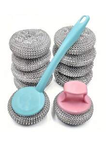 Stainless Steel Velvet Scrubber With Non-Slip Handle - Heavy Duty Metal Scrub Pad For Kitchen, Bathroom And Toilet, Manual Dishwasher With Replaceable Sponge