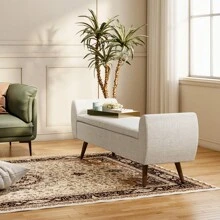 LIVINGANDHOME Living And Home Linen Upholstered Storage Bench - 151cm W x 47cm D x 55cm H  Beige - View 2