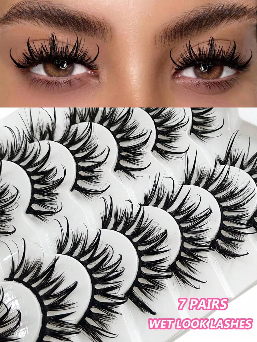 7 Pairs Asiteo 3D Wet Look False Eyelashes, Natural Curly & Thick Curly, Suitable For Cosplay, Cartoon Makeup, Reusable - Bulu Mata Manga Runcing - View 1