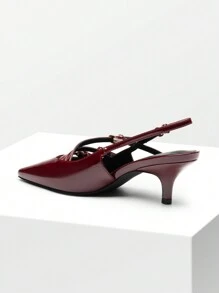 Women's Kitten Heel Slingback Pumps Square Toe Metal Buckle Strap Low Heels Sexy Wedding Party Dress Shoes - 酒紅色 - 查看 6