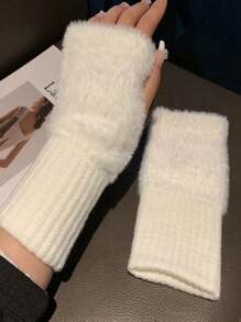 1pair Ladies' Black Knitted Woolen Plush Gloves, Autumn/winter, Warm, Five Fingers, Touch Screen, Thick, Loose, Suitable For Outdoor Activities Like Cycling And Cold Protection