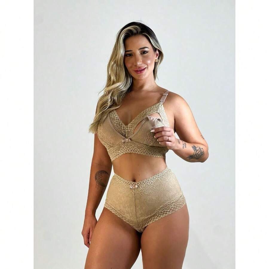Lace And Cotton Set, Cotton Breastfeeding Polyamide Panties And Bra - Màu nâu Sô-cô-la - Xem 1
