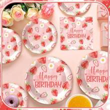 24 件草莓纸盘餐巾，7/9 英寸蛋糕甜点餐盘，生日派对用品餐具套装，适合女孩甜蜜宝宝淋浴，一次性纸质餐具装饰食物托盘，可供 24 位客人使用 - 粉色 - 查看 7