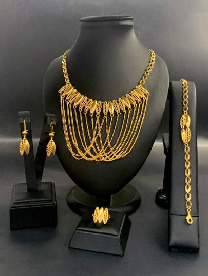 4件装时尚女式叶形镂空镀金流苏长项链耳环手链戒指首饰套装沙特阿拉伯欧美非洲新娘婚礼派对礼服配饰复活节万圣节节日礼物项链手饰耳环