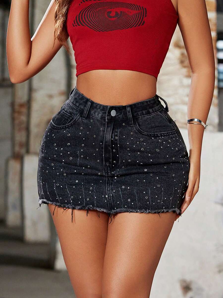 Y2K Street Slant Pocket Shiny Rhinestone Distressed Ripped Raw Hem Denim Mini Skirt Hottie - Black - View 1