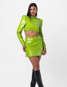 Short Skirt With Wide Waistband, Green Labrava Sequin - màu xanh lá - Xem 3