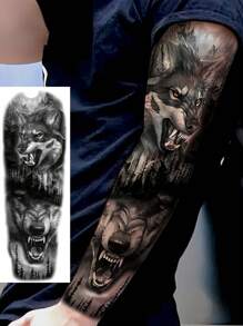 20 张 3D 监狱哥特式毛利袖纹身 8 张超长全袖 12 张黑狼虎狮手臂贴临时纹身成人假全臂袖纹身贴纸骷髅骨架 - 黑色 - 查看 6