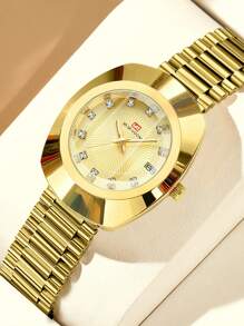 VA VA VOOM 1 pièce Nouvelle arrivée Montre étanche pour femme avec cadran elliptique doré, style élégant et magnifique, cadran décoré avec calendrier et strass, convient pour un port quotidien et les fêtes - Doré - Voir 5