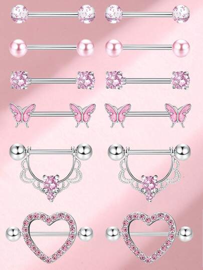 12pcs/Set Cubic Zirconia Heart & Circle Nipple Rings, Suitable For Daily Wear For Women Valentines,Mom,Mother,Mother's Day,Gift