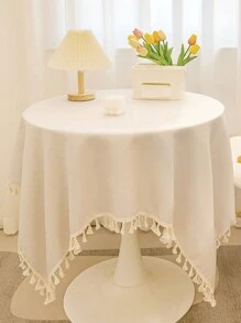 1 chiếc khăn trải bàn tròn màu kem, vải polyester chống nhăn và có thể giặt được, thích hợp cho nhà bếp, phòng ăn, trang trí ngoài trời, khăn trải bàn tua rua vải lanh mộc mạc cho bàn làm việc, bàn cà phê và bàn ăn - Màu be - Xem 2