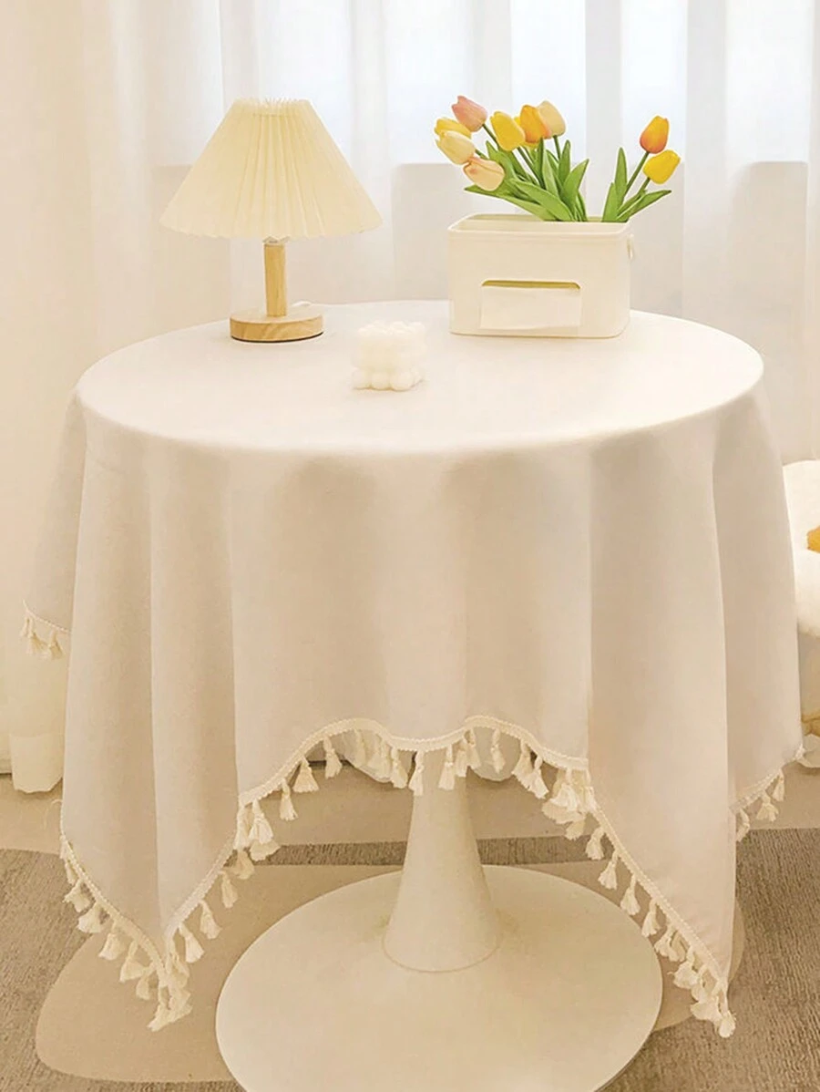 1 chiếc khăn trải bàn tròn màu kem, vải polyester chống nhăn và có thể giặt được, thích hợp cho nhà bếp, phòng ăn, trang trí ngoài trời, khăn trải bàn tua rua vải lanh mộc mạc cho bàn làm việc, bàn cà phê và bàn ăn