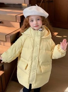 Young Girl Long Yellow Zipper Button Padded Coat With Hood, Winter - Yellow - View 5