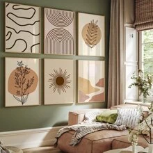 Conjunto de 6 impresiones de arte en lienzo sin marco en tono beige de luna, carteles de arte de línea abstracta minimalista decorativa para pared con estilo bohemio y moderno del siglo medio, regalo ideal para dormitorio y sala de estar, decoración impermeable para pared de lienzo para el hogar y el dormitorio