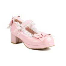 Women Kawaii Mary Jane Pumps Mid Block Heel Fashion Dress Shoes With Cute Bow Platform Chunky Heel Sweet Party Wedding Hallowen Cosplay Shoes For Women - 粉色 - 查看 6
