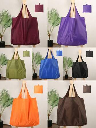 1pc Reusable Solid Color Shopping Bag, Large Capacity Foldable Tote Bag, Portable Handheld Waterproof Storage Bag, Grocery Bag, Essential For Shopping And Travel (Random Color For Bag Mouth)
