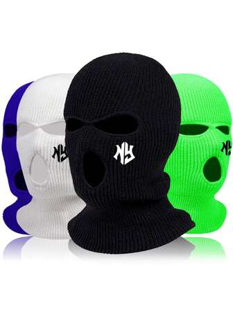 1pc 3 Hole Letter Embroidery Knitted Full Face Cover Ski Mask Winter Balaclava Warm Knit Full Face Mask For Outdoor Sports Halloween Beanie Fall Outfit