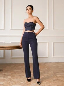 女士纯色前扣简约休闲高腰商务正装裤 - 深藍色 - 查看 3