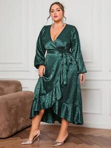 Simplee 大码女式都市纯色提花不对称下摆系带前长裙、派对礼服、节日礼服