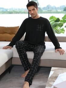 QIANNIANMA 2 Stücke Herren Frühling/Herbst Rundhals Langarm Top und Hose Pyjama Set