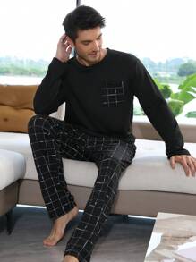 QIANNIANMA 2 Stücke Herren Frühling/Herbst Rundhals Langarm Top und Hose Pyjama Set