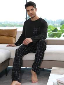 QIANNIANMA 2 Stücke Herren Frühling/Herbst Rundhals Langarm Top und Hose Pyjama Set