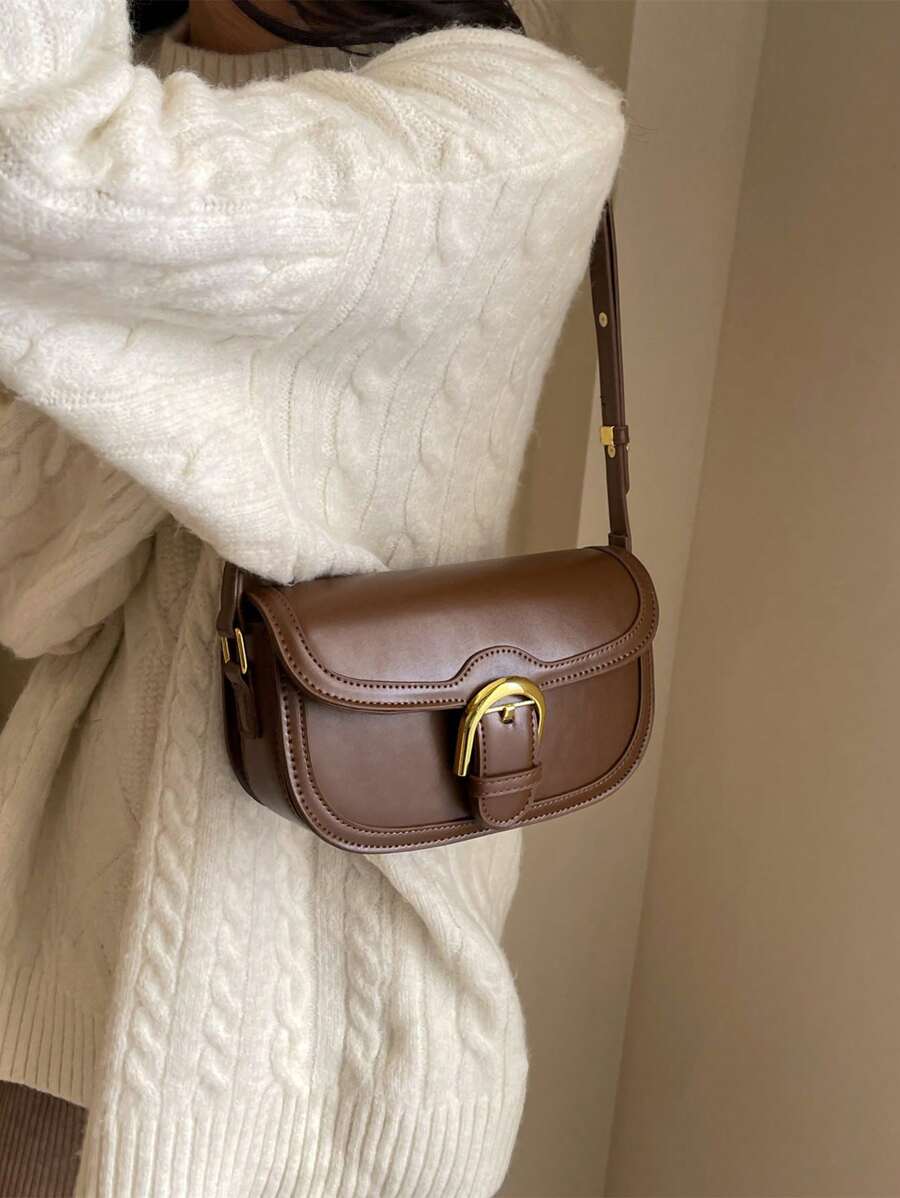 复古时尚女士休闲马鞍包、单肩斜挎包 - 咖啡棕 - 查看 1