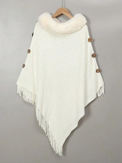 1 件女士纯色流苏针织斗篷，带毛领，温暖时尚，适合休闲和度假配饰