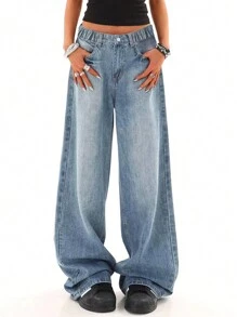 Vintage Blue Simple Straight Wide Leg Jeans, Loose Fit For Teenage Girls And Teen Girl - Blue - View 2