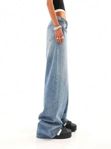 Vintage Blue Simple Straight Wide Leg Jeans, Loose Fit For Teenage Girls And Teen Girl - Blue - View 6