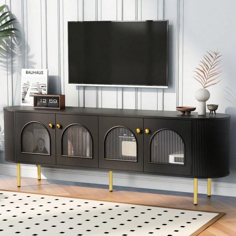 U-Can Modern TV Stand For TVs Up To 80 Inches, Entertainment Center With 4 Cabinets, Wood Media Console With Metal Legs And Handles For Living Room, Black - Trắng + MDF + 70-79 inch như hình - Xem 1