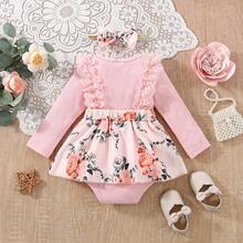 Bộ đồ liền thân Patpat 2 món tay dài dệt kim phối ren xếp nếp in hoa phía trước kèm băng đô cho bé gái - Hồng - Xem 2