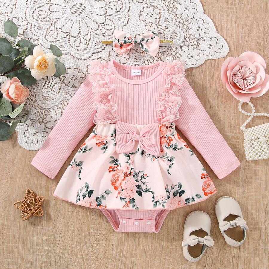 Bộ đồ liền thân Patpat 2 món tay dài dệt kim phối ren xếp nếp in hoa phía trước kèm băng đô cho bé gái - Hồng - Xem 1