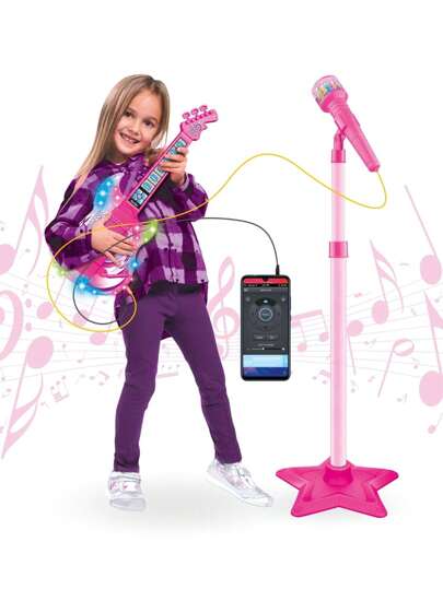 ATENTU Guitarra e Microfone Infantil Conecta no Celular Pedestal Brinquedo Musical