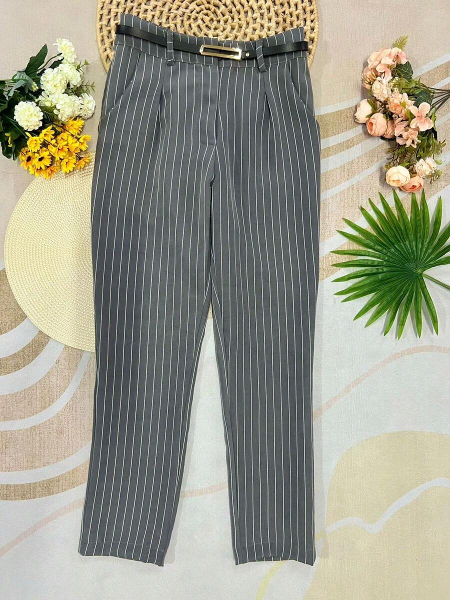 Women's Tailored Striped Pants With Belt And Casual Bag - 深灰色 - 查看 1