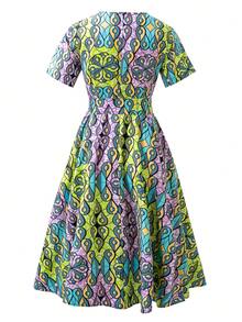 African Short Sleeve Ankara Print Midi Dress - Multicolor - View 2