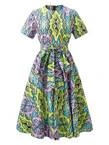 African Short Sleeve Ankara Print Midi Dress - Multicolor - View 1
