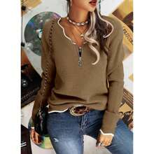 Women's V Neck Long Sleeve Sweater Half Zipper Knit Sweater Casual Cricket Stripe Jumper Pullover Knit Tops - 棕色 - 查看 5