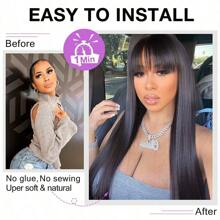 Guleless Wig 38inch Long Silky Straight Wigs With Bangs Full Machine Made Glueless Human Hair Wigs With Bangs Human Hair - Natural Black - 查看 4